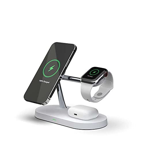 Base Carregador sem fio iWill Magnético 5 em 1 carregamento rápido para iPhone 14,13, 12, Pro, Pro Max 15W carregamento rápido do Apple Watch carregamento de AirPods, AppleWatch Series AirPods