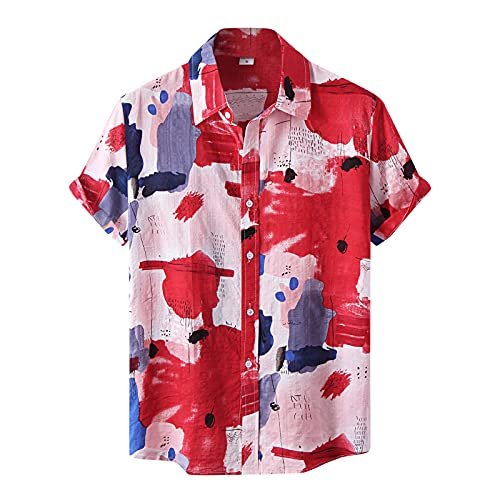 Camisetas havaianas para homens com estampa em aquarela manga curta gola virada para baixo camiseta casual com botão de verão, 02 Vermelho, X-Large