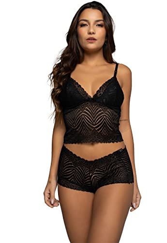 Conjunto Baby Doll - Lingerie de Renda Sensual com Calcinha Caleçon e Sutiã - Moda Íntima Feminina, Linha Noite, Sutiã e Calcinha de Renda, Conjunto de Lingerie Sexy - Vicbela - PRETO, M