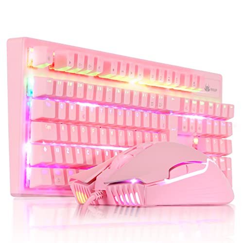 Kit Teclado Mecânico Gamer Switch Blue Led Rgb Multimídia Rosa Mouse 3200dpi Óptico 8 Botões Usb Pc Computador Notebook Mac