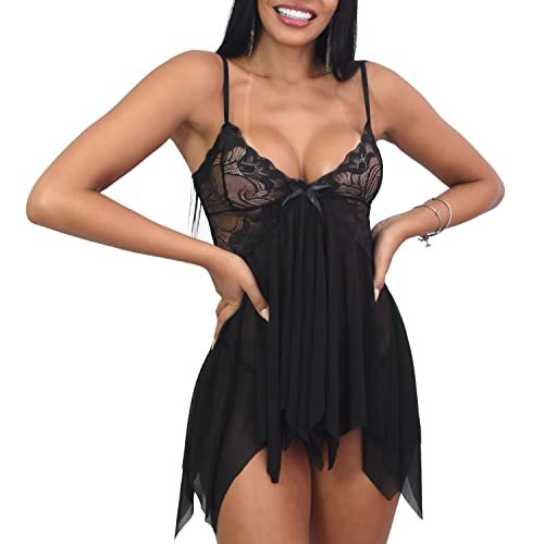 Lingerie Sexy Feminina - Conjunto de Camisola Sensual com Renda e Laço e Calcinha Fio Dental Sensual (Preto, M)