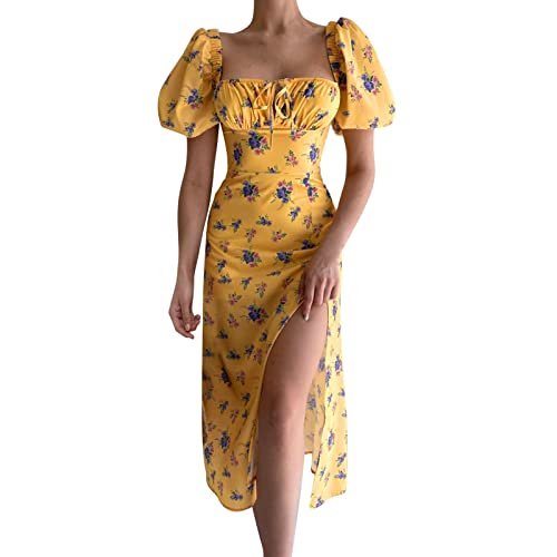 Vestidos casuais femininos chiques com cadarço mangas curtas em toda a peça estampa floral disty vestido longo de seda vestido formal (Amarelo, GG)