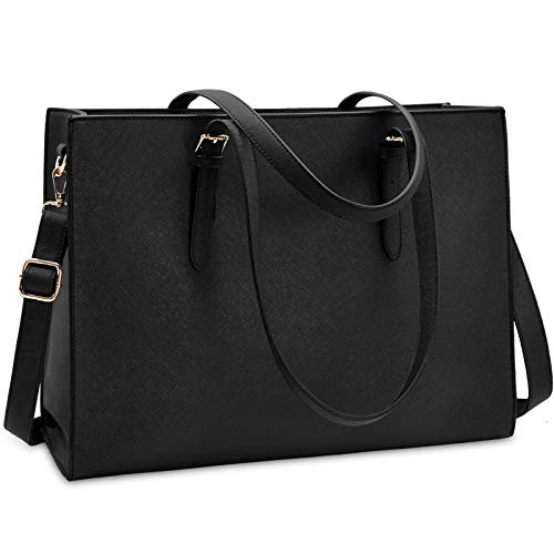 Bolsa de laptop feminina de 15,6 polegadas para computador bolsa de mão de couro bolsa de trabalho, 15.6 Inch Black, Large