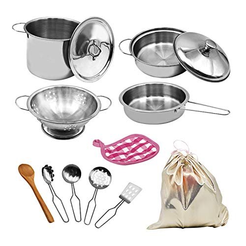 12 pçs conjunto de cozinha fingir brincar com saco de armazenamento brinquedo de cozinha simulado panela de sopa de aço inoxidável pá colher crianças chef playset jogo de cozinha presente educacional para crianças meninas meninos