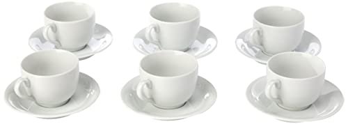 Estojo com 6 Xícaras de de Chá com Pires. Modelo Redondo Voyage Coup. Branca. Fabricado pela Porcelana Schmidt.