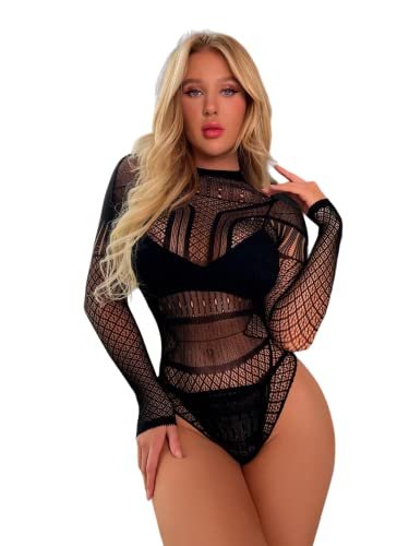 Body Feminino Sensual Lingerie Manga Longa Sexy Conjunto Luxo Renda Arrastão (Preto)