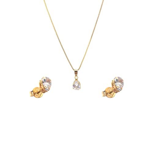 Colar Corrente Folheado a Ouro 40cm com Pingente e Brinco Solitário Gota de Zircônia + Caixa de Luxo