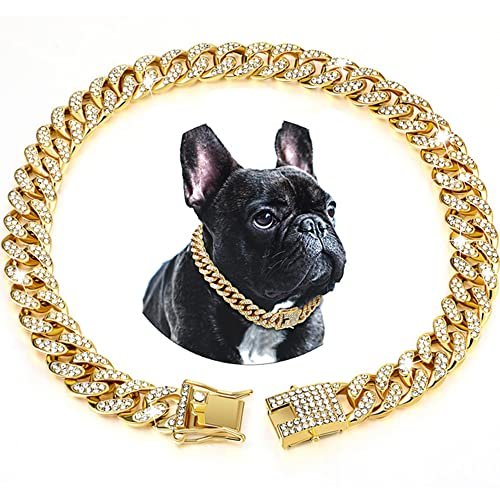 Coleira para cães com corrente de ouro com diamante 15 mm de largura colar cubano filhote de cachorro bonito acessórios de joias modernas para animais de estimação pequenos, médios e grandes, gatos, 25 cm