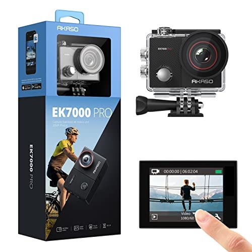 AKASO Câmera de ação EK7000 Pro 4K com tela sensível ao toque EIS com ângulo de visão ajustável, câmera subaquática de 40 m, à prova d'água, câmera esportiva com controle remoto com kit de acessórios para capacete