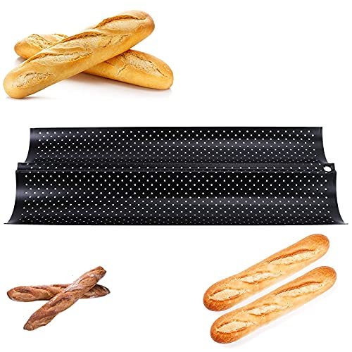 Bandeja de baguete UPKOCH antiaderente perfurada para assar pão francês, molde de torrada, assadeira, moldagem de forno, torradeira e panela de aço (tamanho P 2 compartimentos preto)