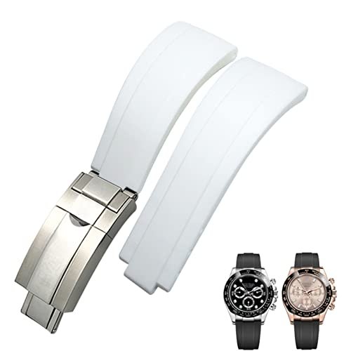 BNEGUV 20mm 21mm Borracha Fivela Curta Pulseira de Relógio Apto Para Rolex Daytona Função Submariner OYSTERFLEX Yacht Master Pulseira de Silicone de Pulso Pequeno (Cor: Fivela Curta Branca, Tamanho: 21mm)