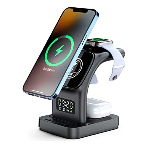 Carregador Sem Fio 5 Em 1 Para iPhone Apple Watch AirPods Estação de Carregamento Rápido Com Relógio, Despertador e Luz Noturna