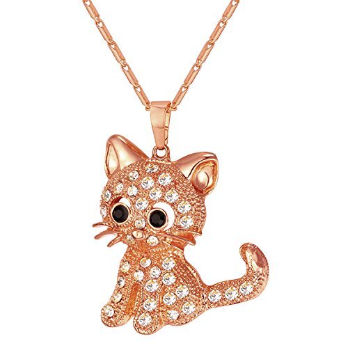 Colar de gato fofo para meninas, pingente de cristal de strass com detalhes de diamante, colar de animal banhado a ouro rosa, 45 a 50 cm