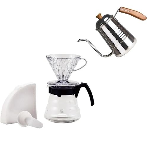 Combo Cafeteira Hario V60, Vermelha + Chaleira Inox Original Pescoço de Ganso 700ml + 40 Filtros Hario v60-02