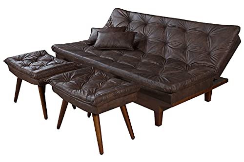 Sofa Cama Caribe Em Courino Couro Sintetico + Duas Banquetas (Marrom)