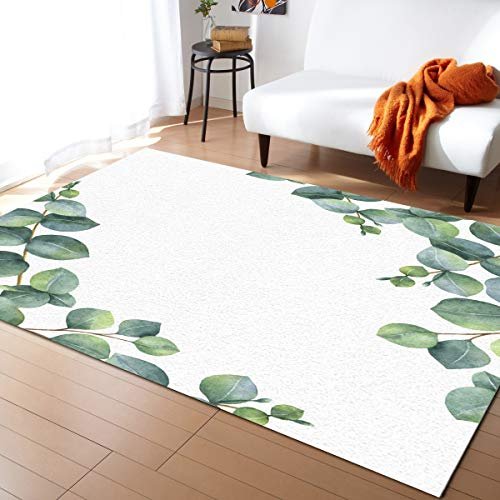 Tapetes de área, folhas verdes naturais aquarela folha de eucalipto branco antiderrapante retângulo interior tapete para sala de estar, quarto, escritório, quarto de crianças, berçário, 61 x 91 cm