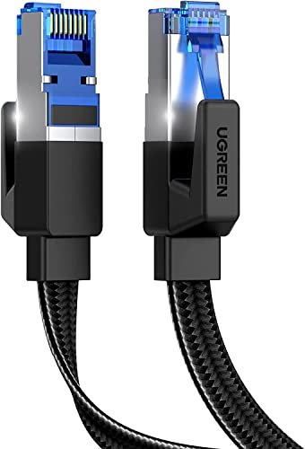 UGREEN Cabo Ethernet Cat 8 de 7,6 metros, 40 Gbps 2000 Mhz de alta velocidade 26 AWG cabo de rede plano trançado RJ45 cabos internos LAN blindados compatíveis com PC, jogos, PS5, roteador modem Xbox, 7,6 m