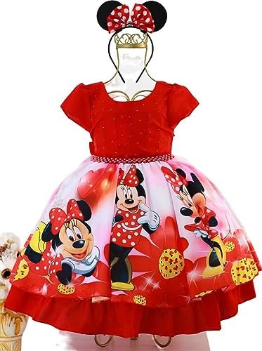 Vestido de Festa Infantil Minnie Vermelha e Tiara Luxo (4)