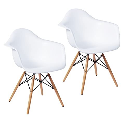 Kit 2 Cadeiras Charles Eames com braço Leda Eiffel Poltrona Decorativa Wood Design Ergonômica Sala de Jantar Escritório Cozinha Pés madeira DKR Branca