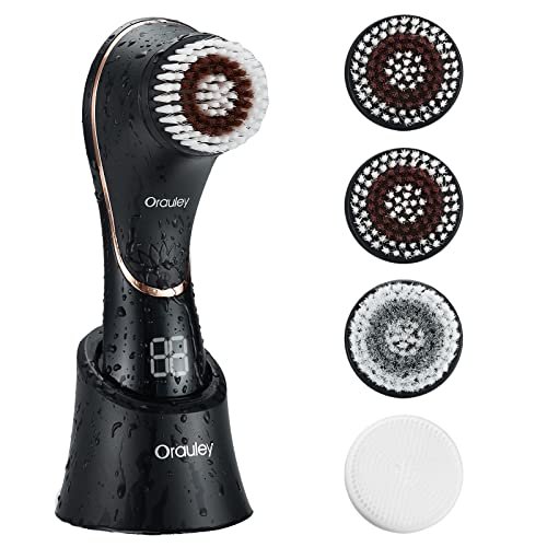 Escova de Limpeza Facial, Escova Elétrica Esfoliante Facial Exfoliante Recarregável IPX-7 Esfoliante Rotativo à Prova d'água para Esfoliante, Massagem e Limpeza Profunda para Mulheres e Homens com 4 cabeças de escova pretas