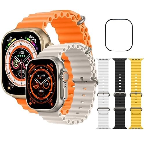 SmartWatch Relógio Inteligente S8 Ultra Touchscreen GPS Tela HD Borda Infinita Frequência Cardíaca Atividade Física Cor Laranja + Pulseira Preta, Branca, Amarela e Película de Gel 49mm